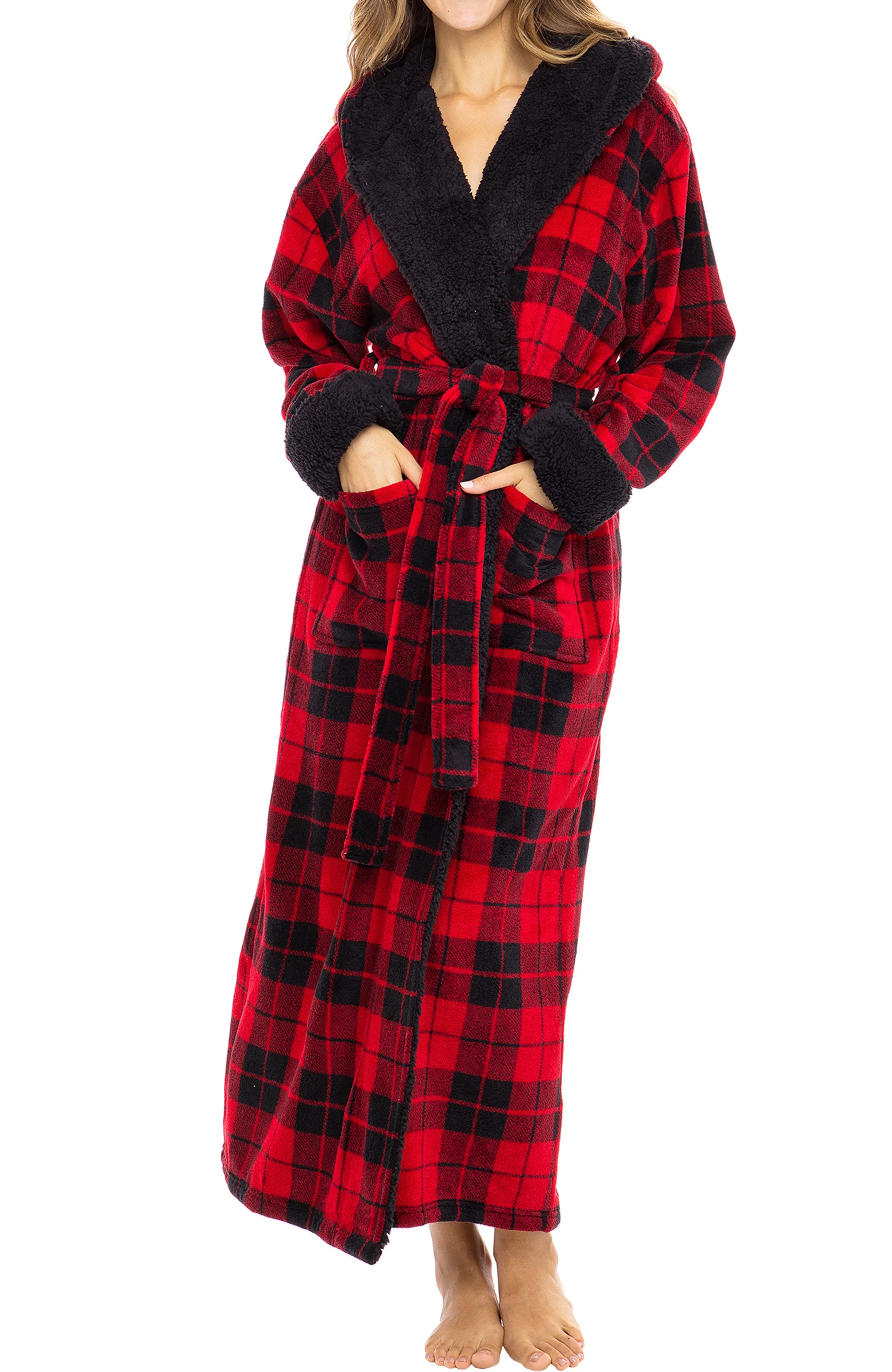 Women's Warm Fleece Sherpa Robe with Hood, Long Plush Hoodie Sherpa Bathrobe
