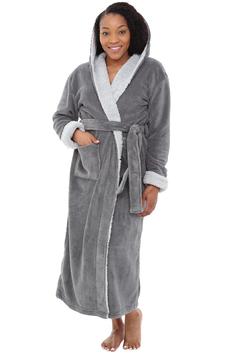 Women's Warm Fleece Sherpa Robe with Hood, Long Plush Hoodie Sherpa Bathrobe