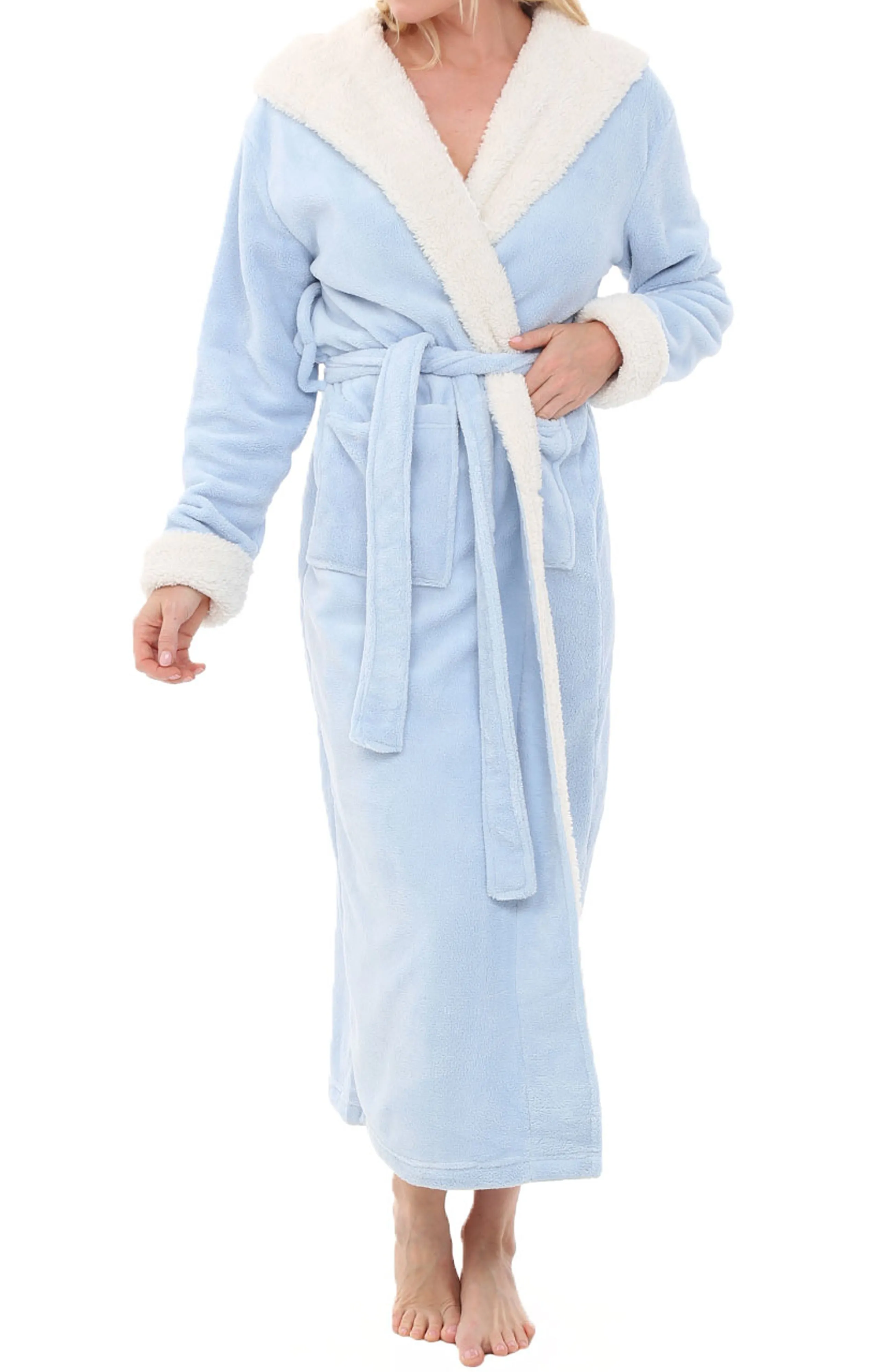 Women's Warm Fleece Sherpa Robe with Hood, Long Plush Hoodie Sherpa Bathrobe