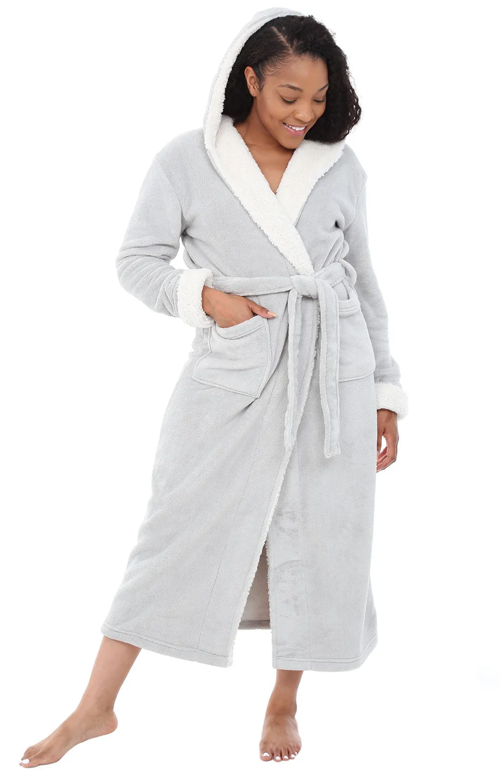 Women's Warm Fleece Sherpa Robe with Hood, Long Plush Hoodie Sherpa Bathrobe