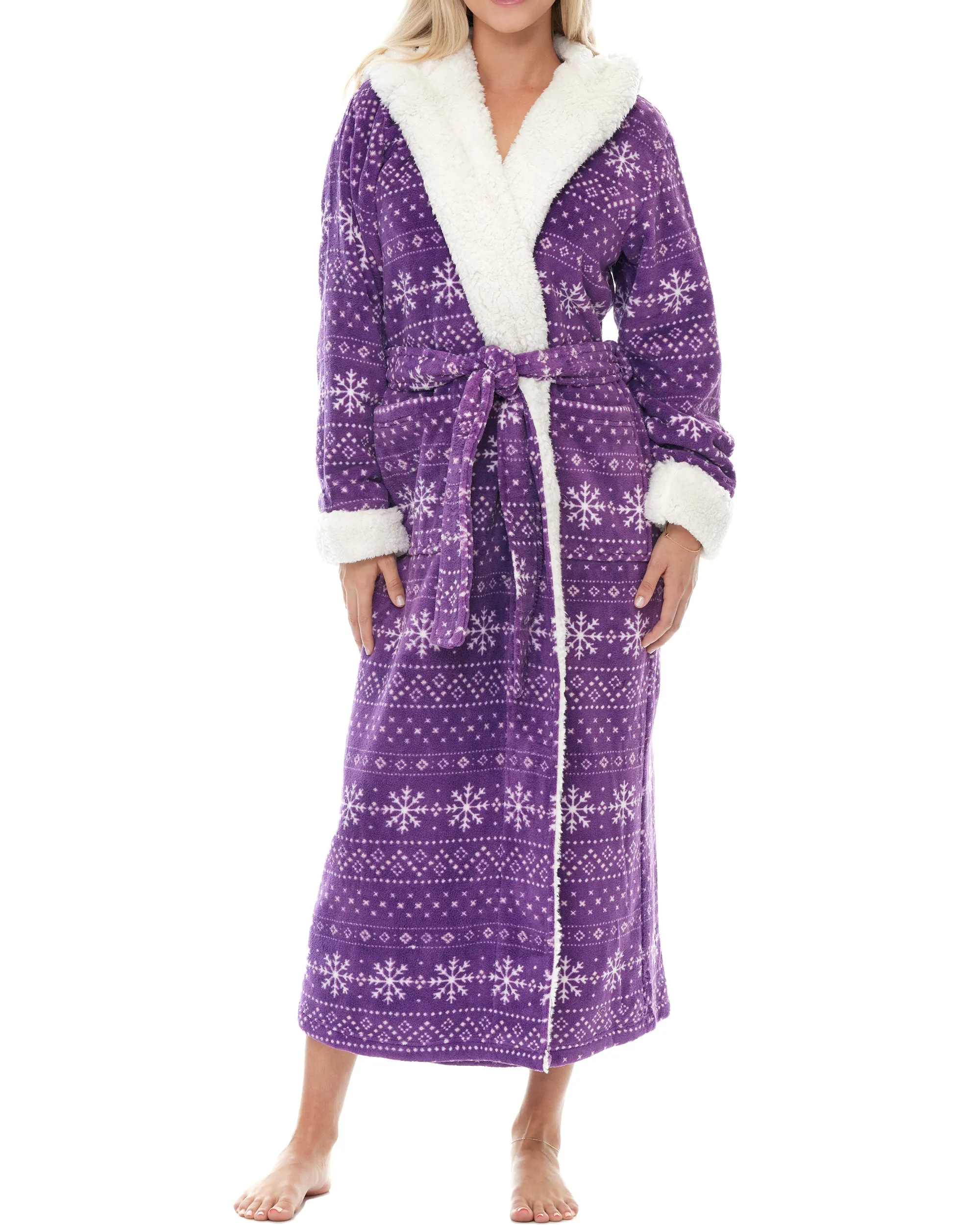 Women's Warm Fleece Sherpa Robe with Hood, Long Plush Hoodie Sherpa Bathrobe