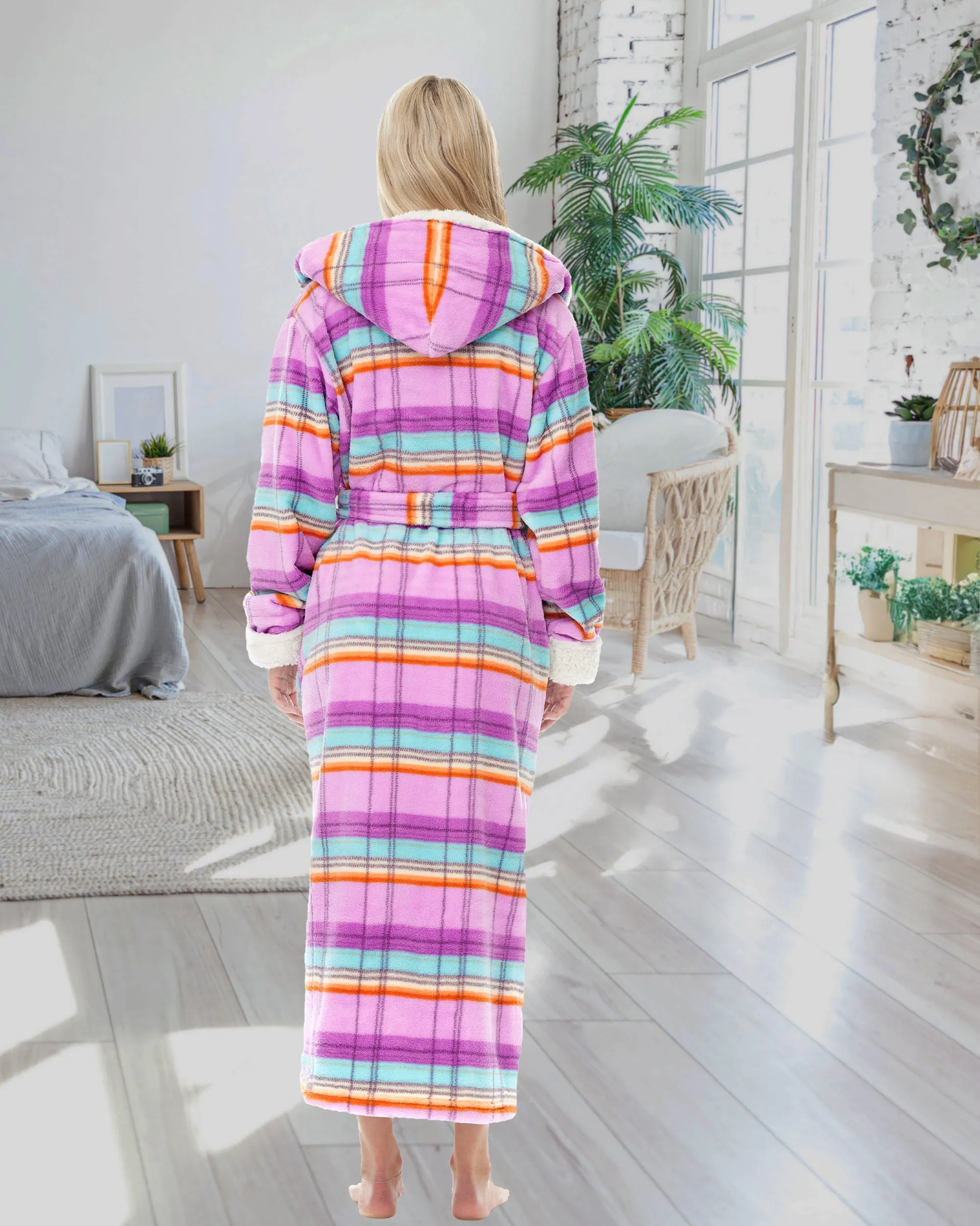 Women's Warm Fleece Sherpa Robe with Hood, Long Plush Hoodie Sherpa Bathrobe