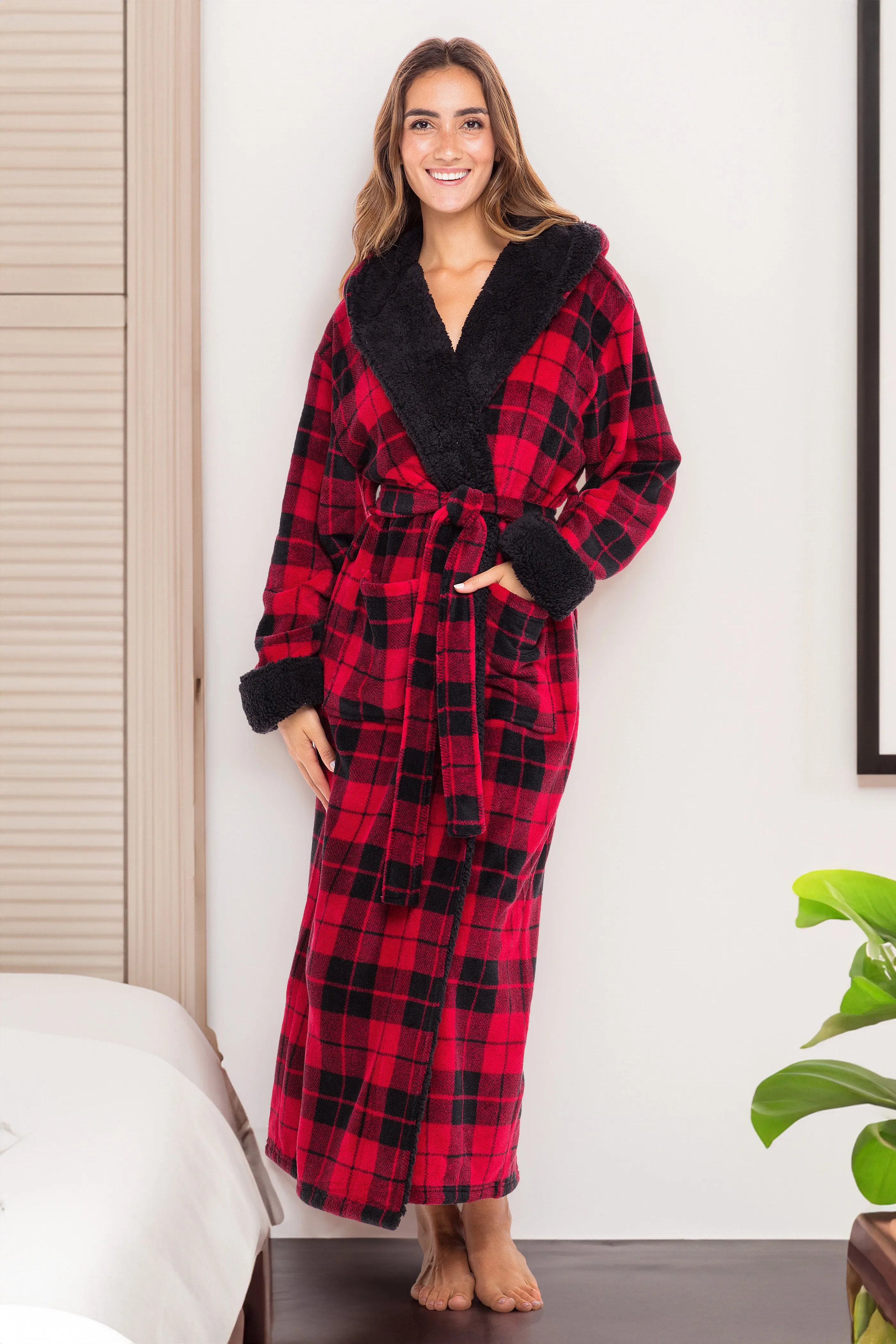 Women's Warm Fleece Sherpa Robe with Hood, Long Plush Hoodie Sherpa Bathrobe