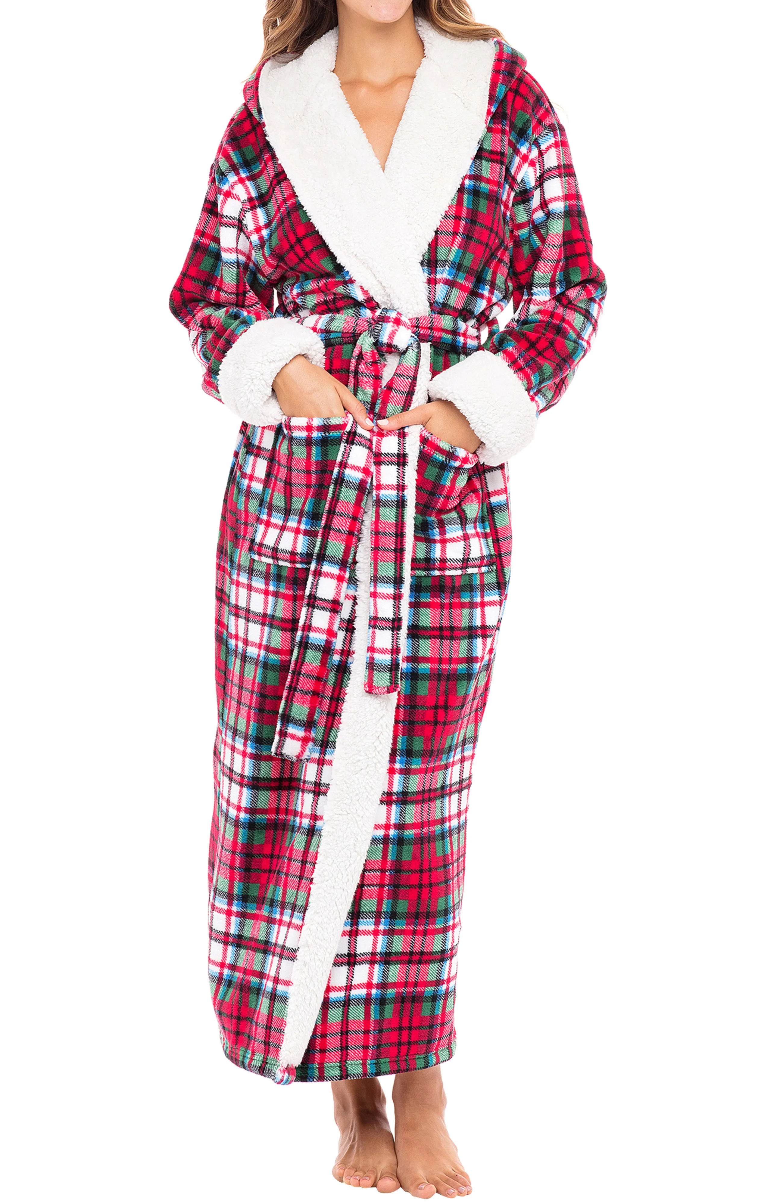 Women's Warm Fleece Sherpa Robe with Hood, Long Plush Hoodie Sherpa Bathrobe