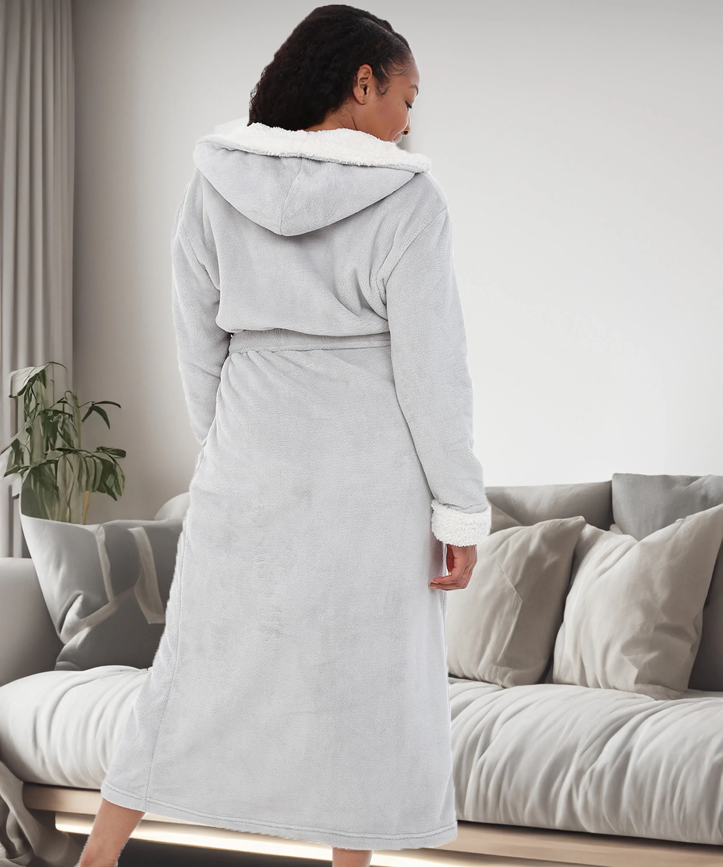 Women's Warm Fleece Sherpa Robe with Hood, Long Plush Hoodie Sherpa Bathrobe