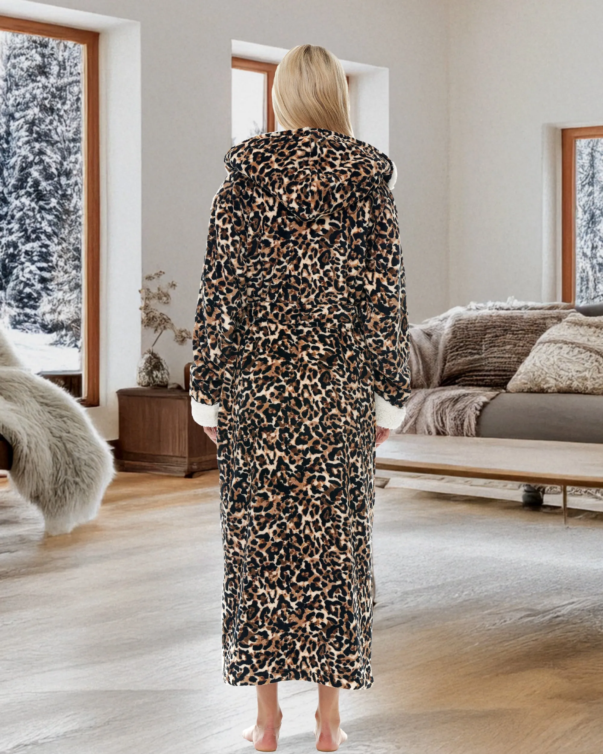 Women's Warm Fleece Sherpa Robe with Hood, Long Plush Hoodie Sherpa Bathrobe