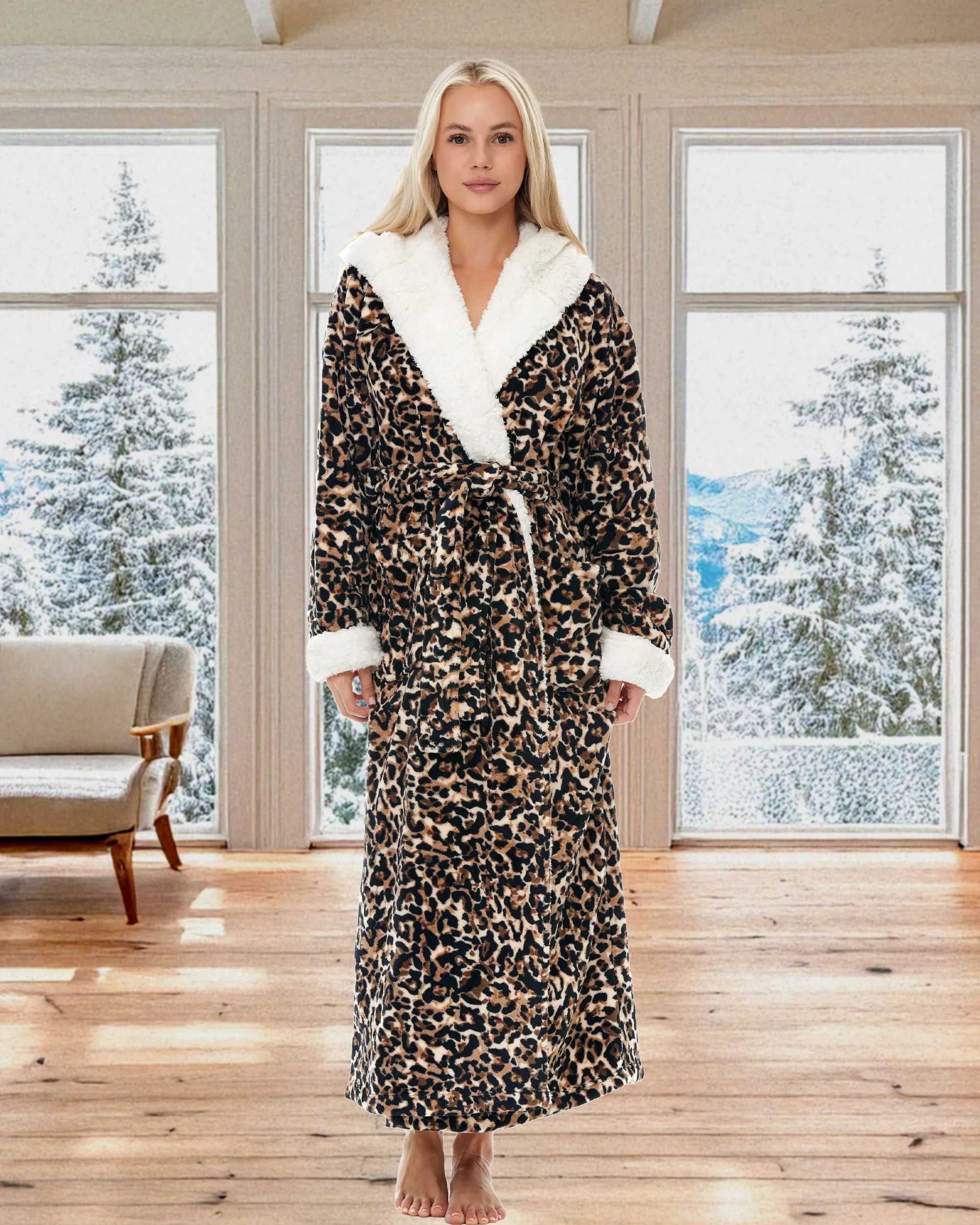 Women's Warm Fleece Sherpa Robe with Hood, Long Plush Hoodie Sherpa Bathrobe
