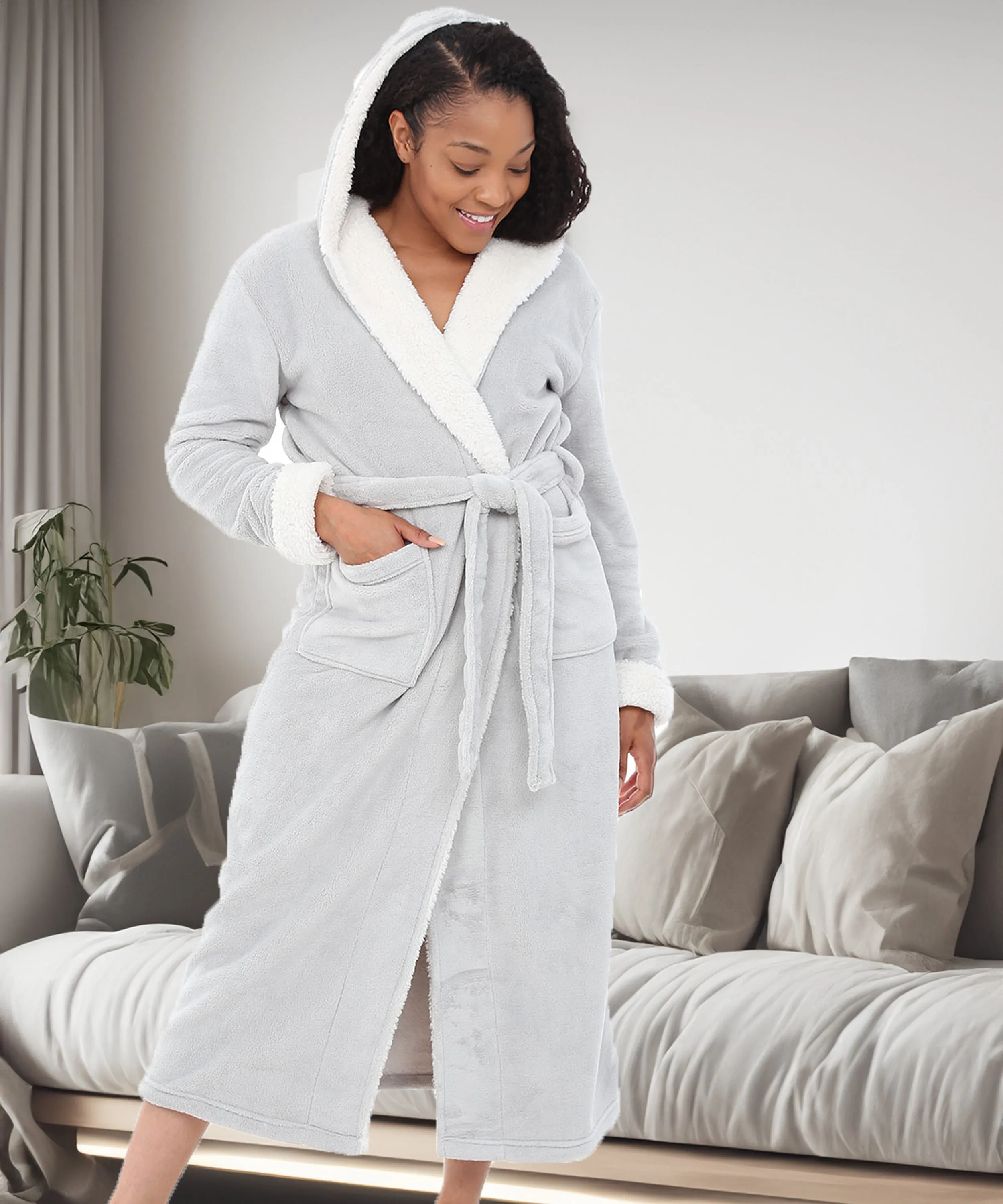 Women's Warm Fleece Sherpa Robe with Hood, Long Plush Hoodie Sherpa Bathrobe