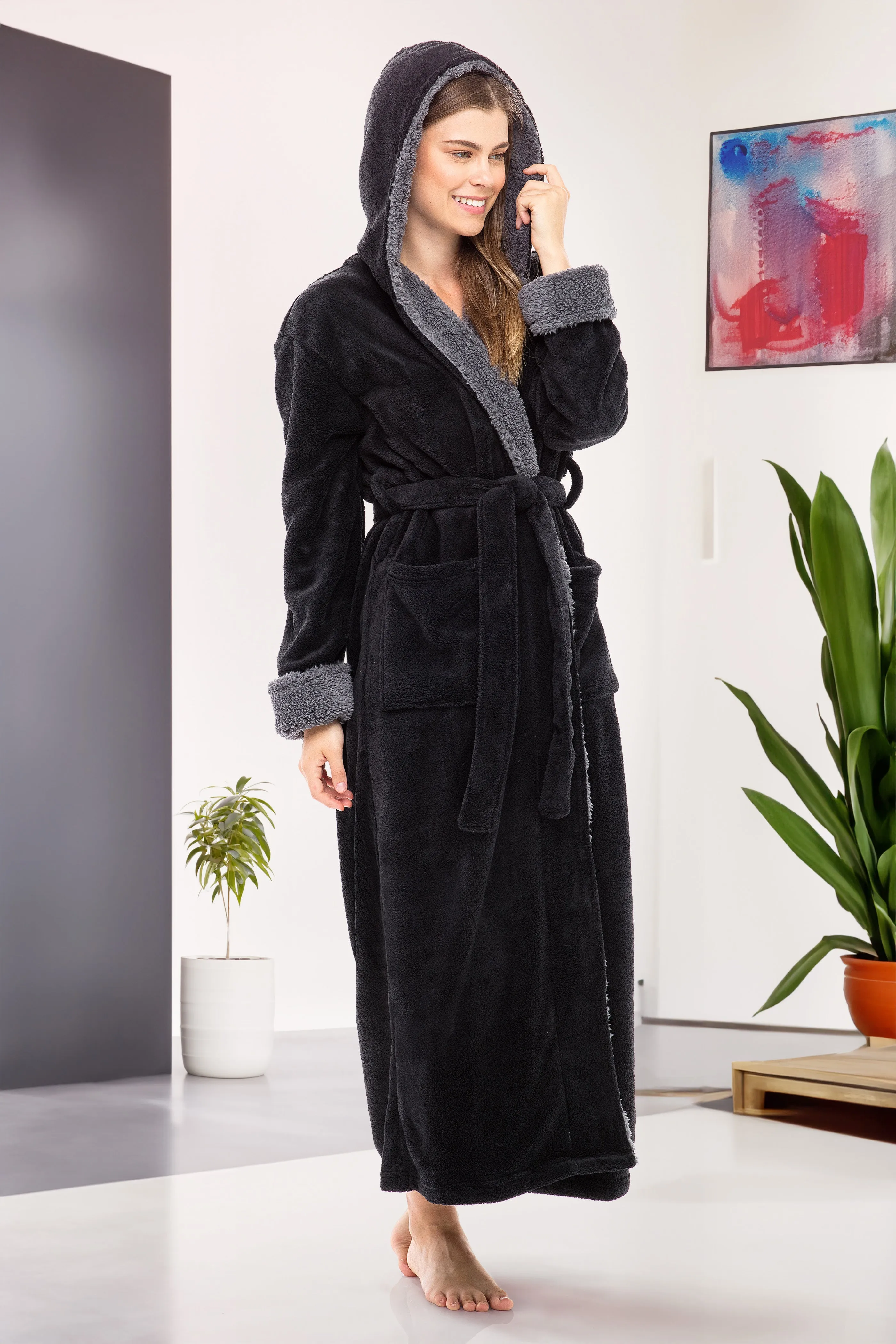 Women's Warm Fleece Sherpa Robe with Hood, Long Plush Hoodie Sherpa Bathrobe