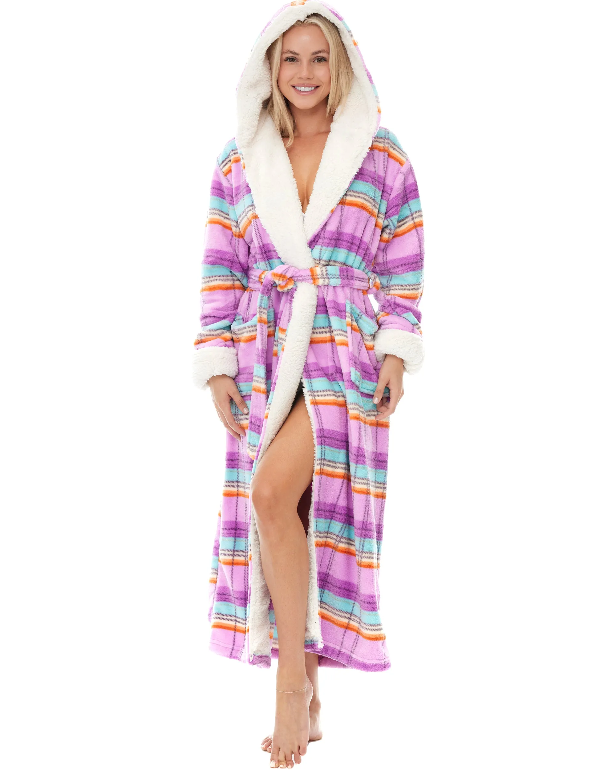 Women's Warm Fleece Sherpa Robe with Hood, Long Plush Hoodie Sherpa Bathrobe