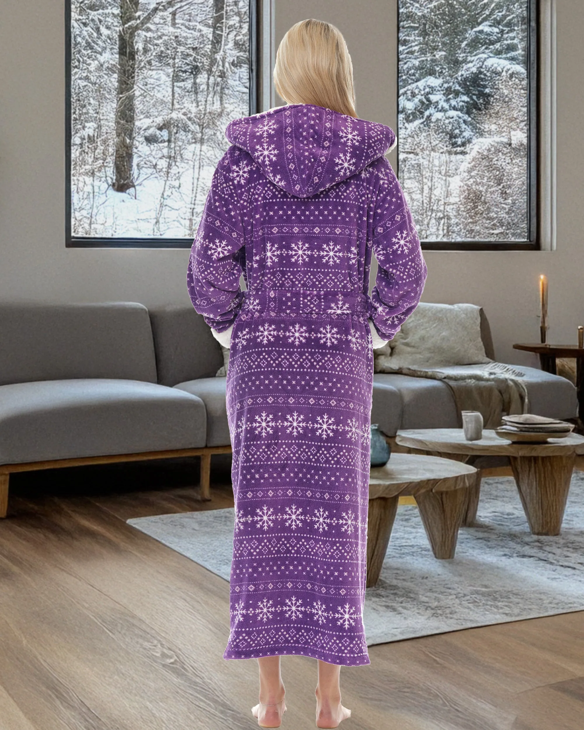 Women's Warm Fleece Sherpa Robe with Hood, Long Plush Hoodie Sherpa Bathrobe