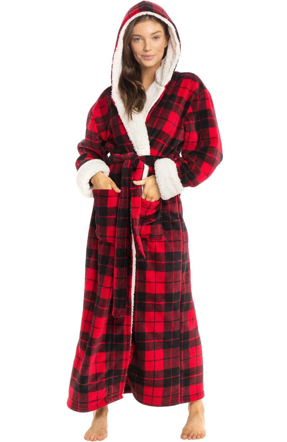 Women's Warm Fleece Sherpa Robe with Hood, Long Plush Hoodie Sherpa Bathrobe