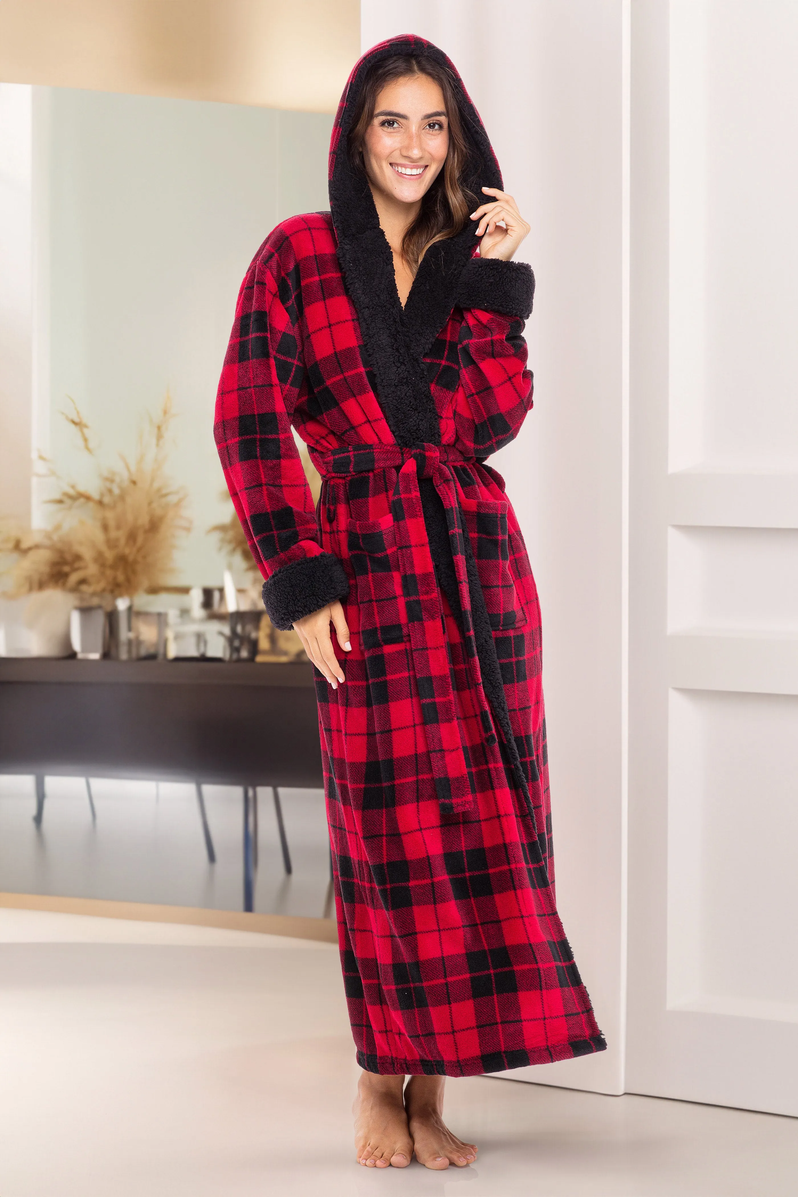 Women's Warm Fleece Sherpa Robe with Hood, Long Plush Hoodie Sherpa Bathrobe